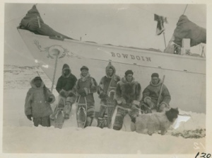 Image of Crew under bow of Bowdoin